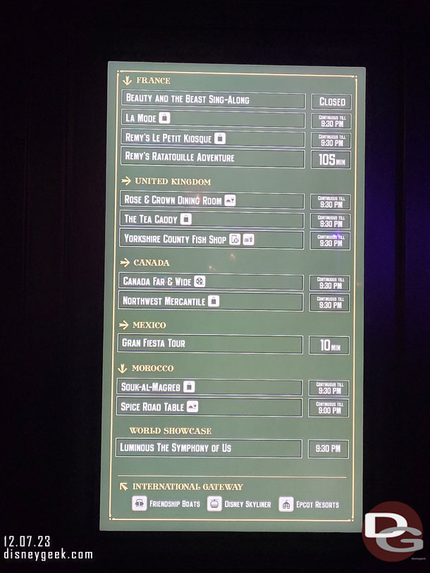 6:51pm - EPCOT Wait times as we entered the park at the International Gateway