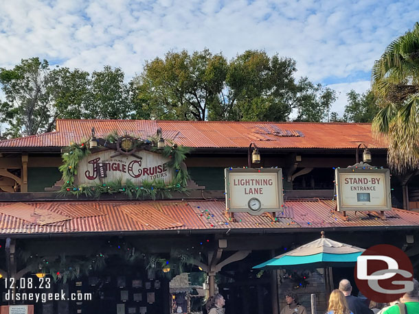 8:43am - 30 minute wait posted for the Jingle Cruise as I entered the queue.