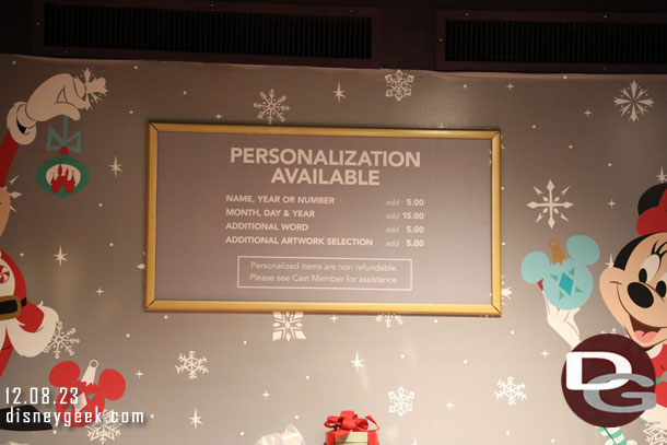 Current customization pricing at the Christmas store