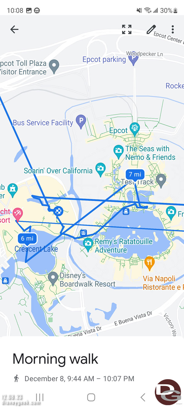 My EPCOT route, thought it was interesting how my two bus trips were straight lines and my Yacht Club stop was pinned at the Boardwalk.