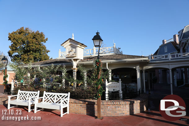 Liberty Square has some garland on the light posts for the season.