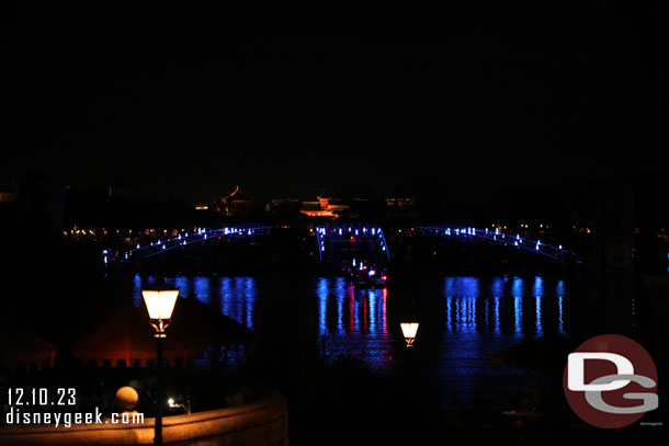 8:09pm - World Showcase Lagoon, they were testing the Luminous barges