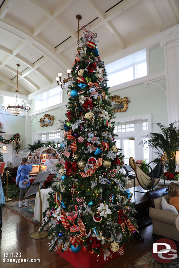 A Christmas tree in the lobby of Disney's Boardwalk Resort