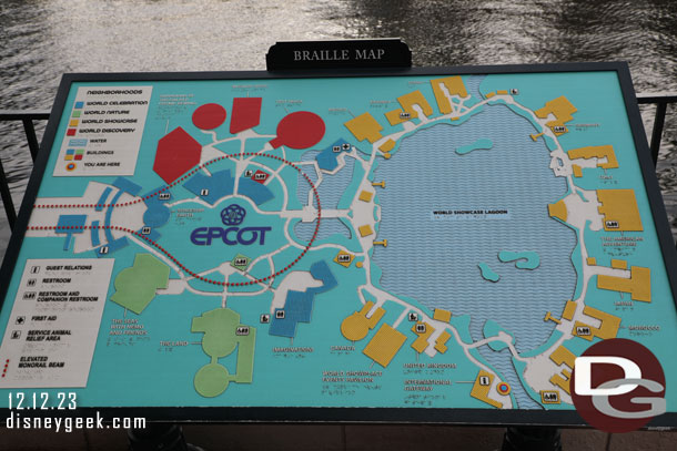 The braille map at the International Gateway has not been updated with Journey of Water or World Celebration Gardens yet