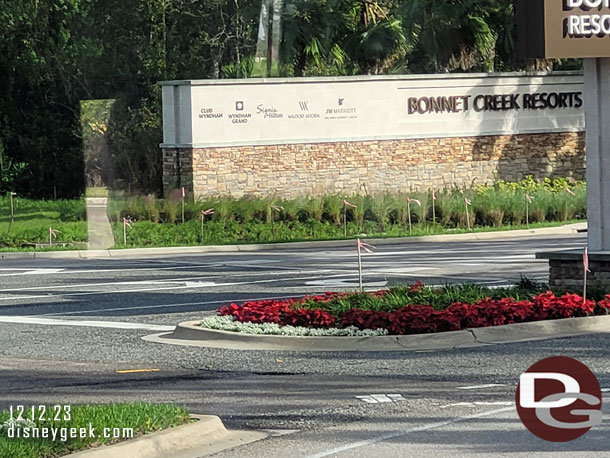 Markers in the ground around the entrance to the Bonnet Creek Resorts