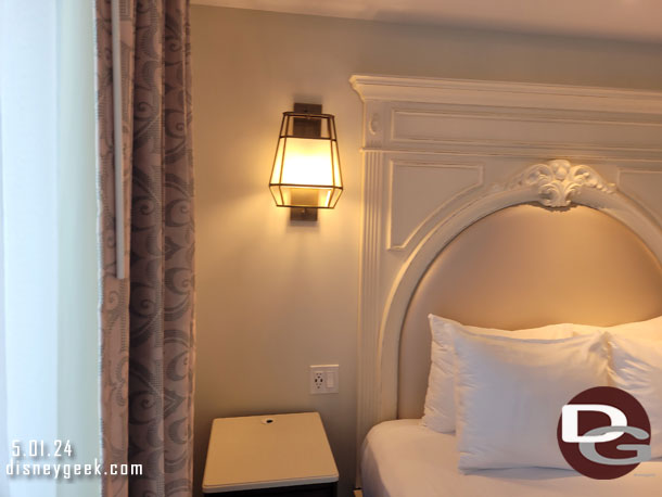 There were outlets and USB ports on either side of the bed