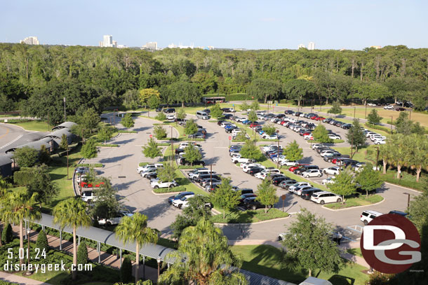 To the right the bus stops and parking lot.
