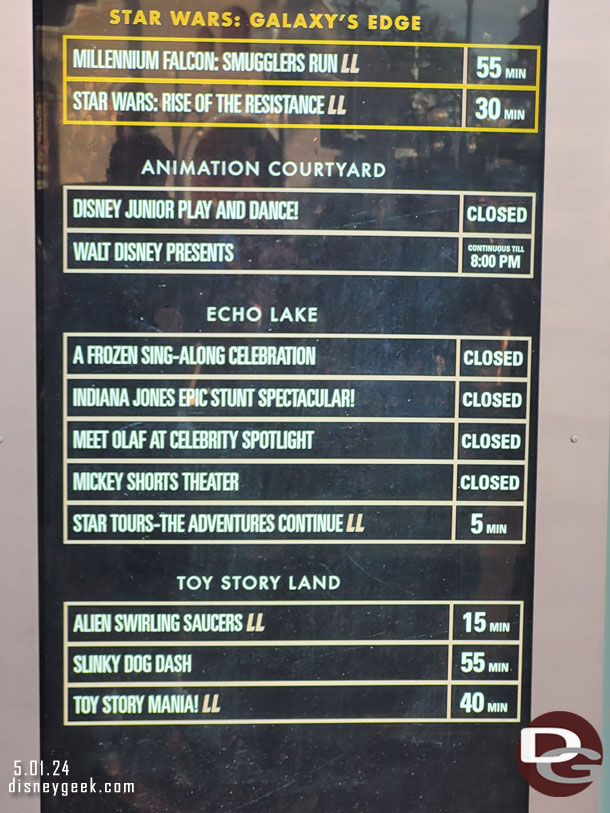 7:09pm - Disney's Hollywood Studios wait times