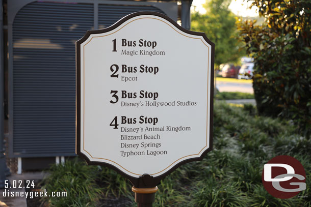 Bus stop locations. I found it interesting they had stops for EPCOT and DHS as 2 & 3 even though the Skyliner is primary for those parks and buses only run if there is a problem.  Seems DAK and Disney Springs could be spaced out and using closer stops to 