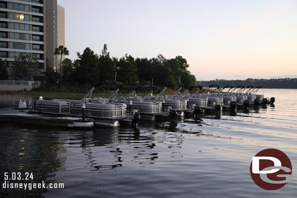 Pontoon boats docked near by. The fishing boats come from Fort Wilderness.