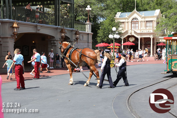 The horse was being re-positioned to take the street car back to the barn.  We exited the park at this point.