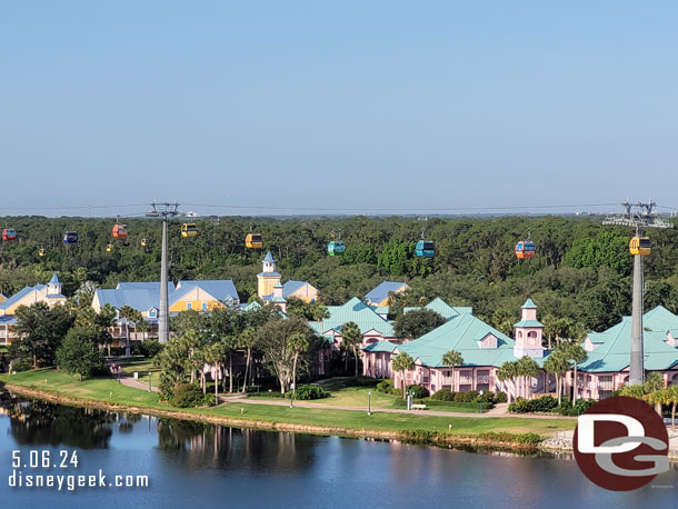 The Disney Skyliner traveling over the Caribbean Beach Resort. This is the EPCOT line.