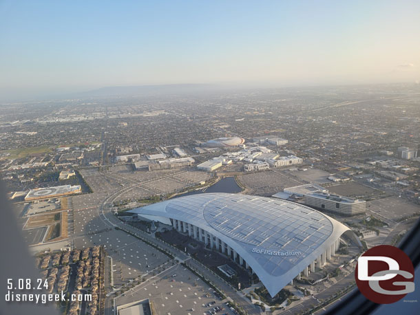 6:55pm (Los Angeles Time) - SoFi Stadium as we were on final approach to LAX