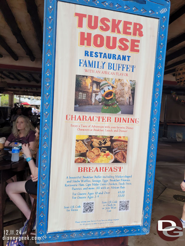 The character breakfast at Tusker House is currently $49 for adults.