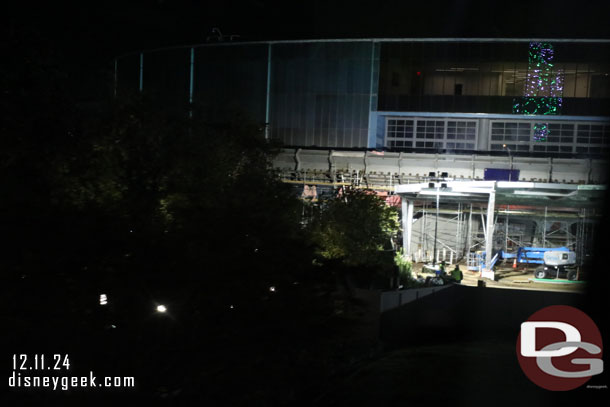 World of Motion renovation is ongoing. Work lights were on and teams were onsite this evening.