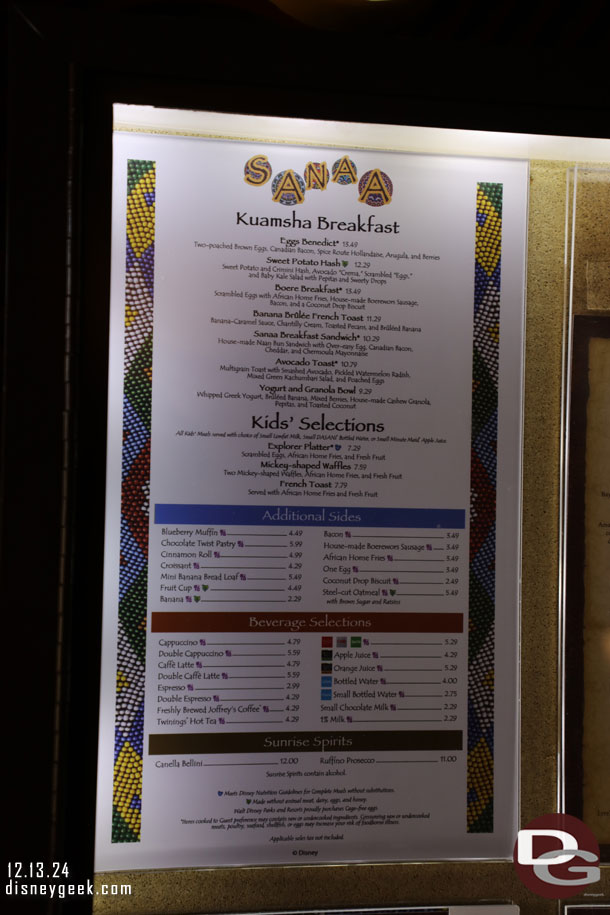 Sanaa breakfast menu