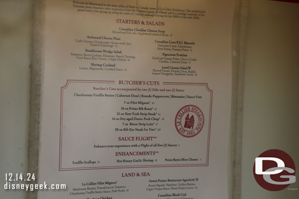 The Le Cellier Menu