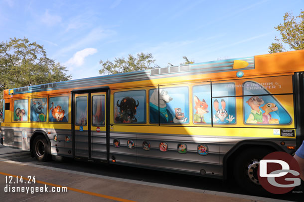 3:!5pm - A Zootopia wrapped bus arrives to take us to the Animal Kingdom