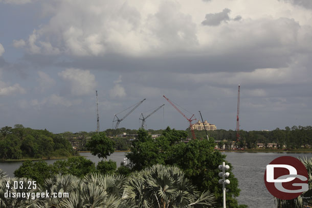 Looking across Bay Lake at the Disney Lakeshore Lodge DVC project at Fort Wilderness