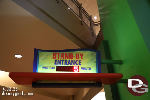 7:41pm - 5 minute wait posted, turned out to be a walk on.